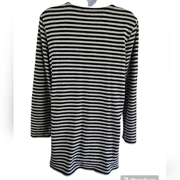J. Jill Black Gray Striped Cotton Sweater Tunic Medium Button Shoulder Preppy - Picture 5 of 9